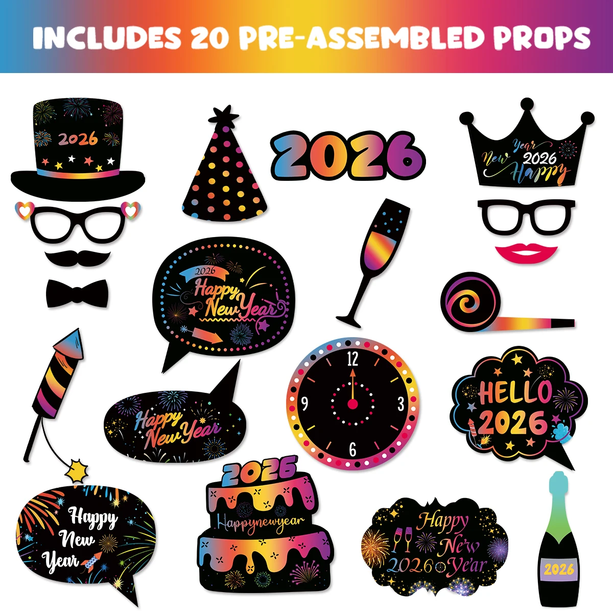 

2026 Happy New Year Party Theme Funny Handheld Photo Props Beard Crown Hat Glasses Group Photo Props Scene Atmosphere Decoration