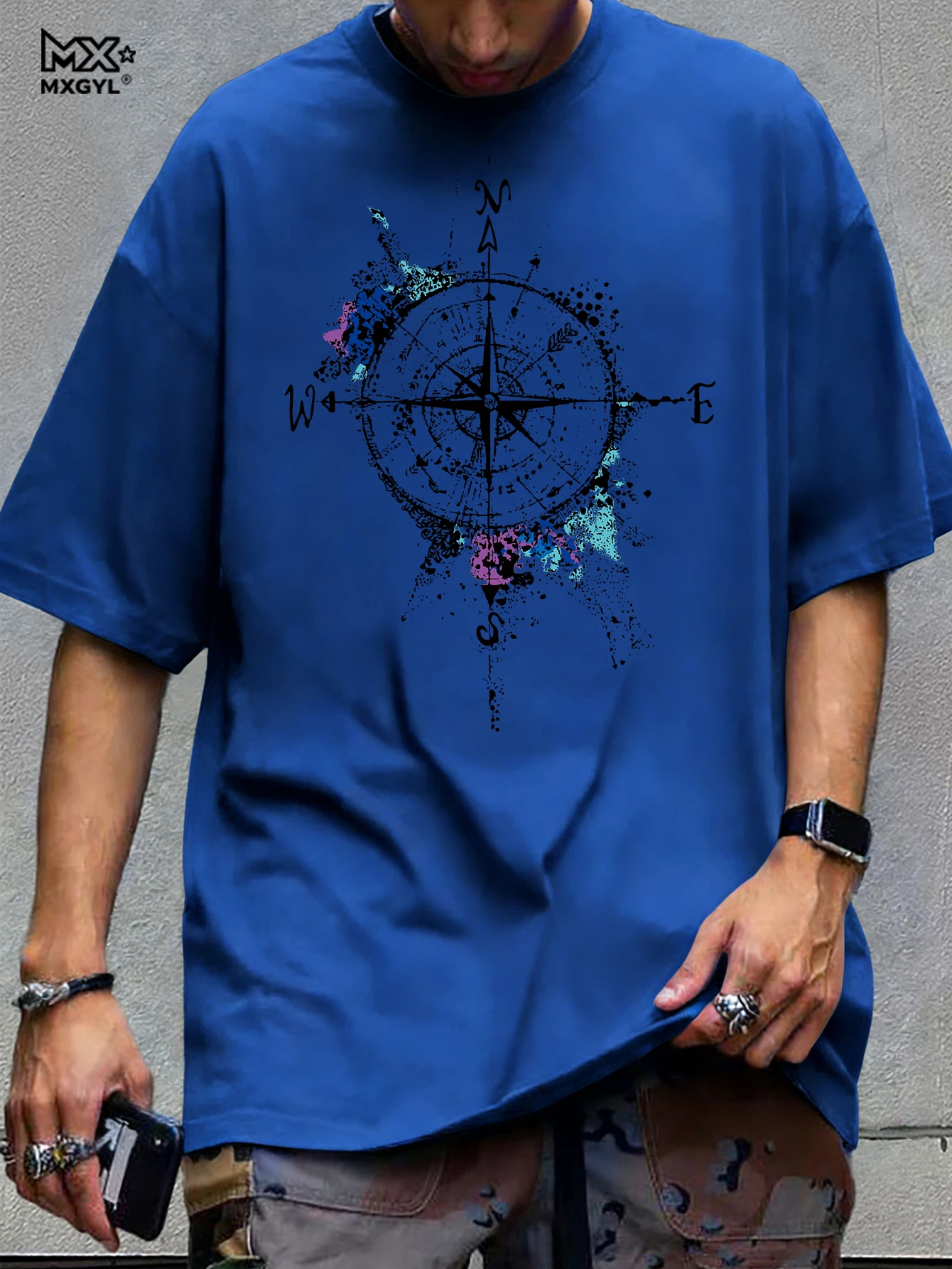 Men's Summer Cotton Fashionable Loose Casual Compass Pattern Printed Round Neck Short Sleeved T-shirt Breathable And Casual