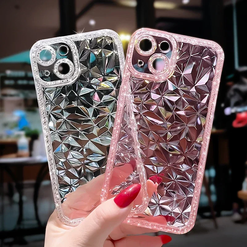 Glitter Lens Protection Diamond Texture Phone Case For iPhone 11 12 13 14 15 Pro Max X XS XR 8 Plus Clear Soft TPU Back Cover