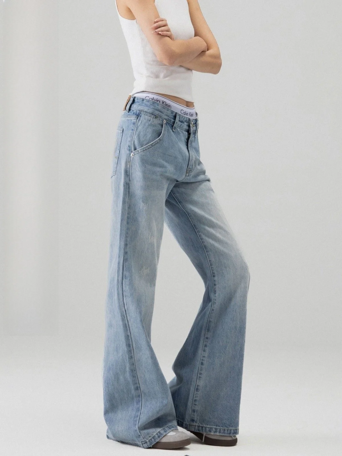 

Ich Mode Американские синие расклешенные джинсы в стиле ретро, женские осенне-зимние новые широкие облегающие повседневные брюки с высокой талией, прямые брюки