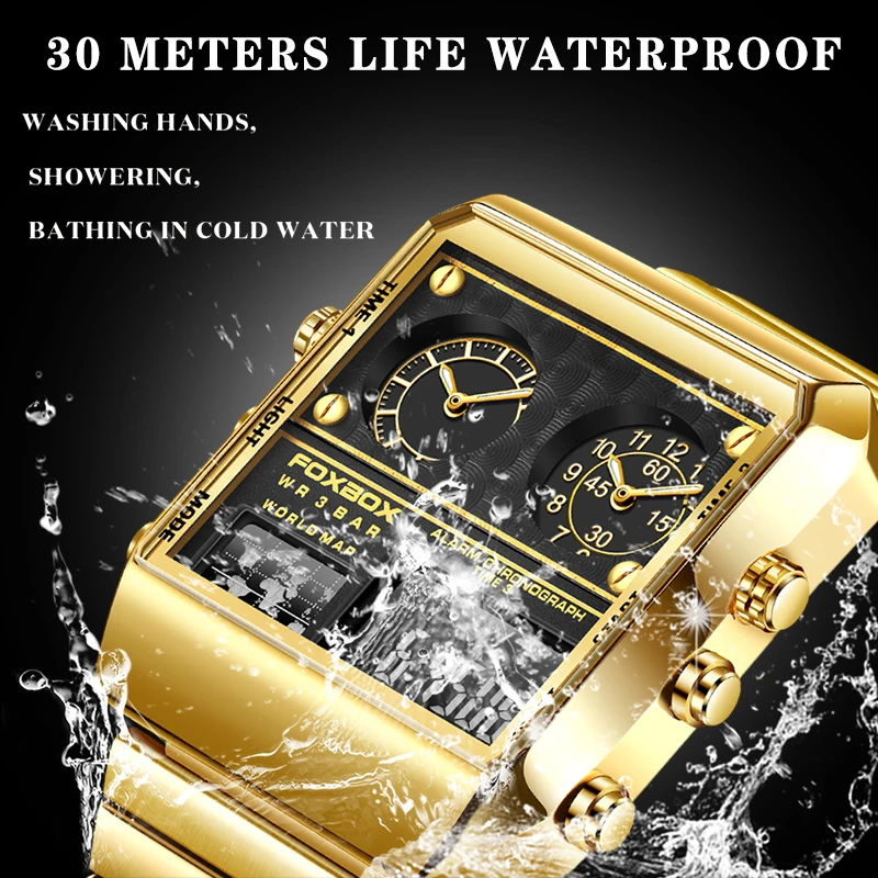 FOXBOX New Fashion Watches Men LIGE Brand Luxury Square Mens Watch Dual Display Waterproof Quartz Wristwatches Male Reloj Hombre