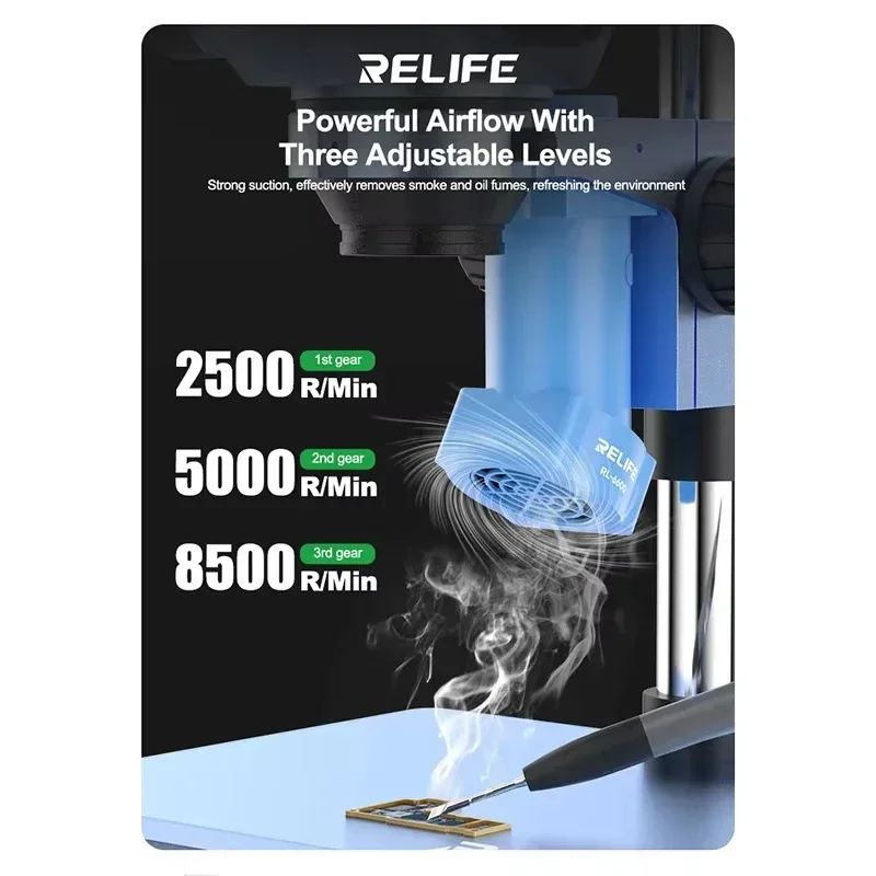 RELIFE RL-6600 مجهر الدخان النازع نوع-C شحن واجهة قوية تدفق الهواء الدخان مروحة العادم أداة للمجاهر