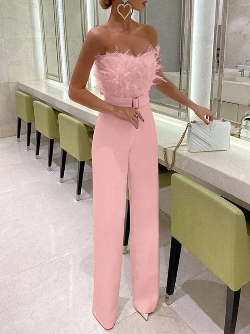 Feathers Jumpsuits Evening Dresses For Women 2024 Strapless Sleeveless Pants Suits High Waist Wedding Party Gowns Customized