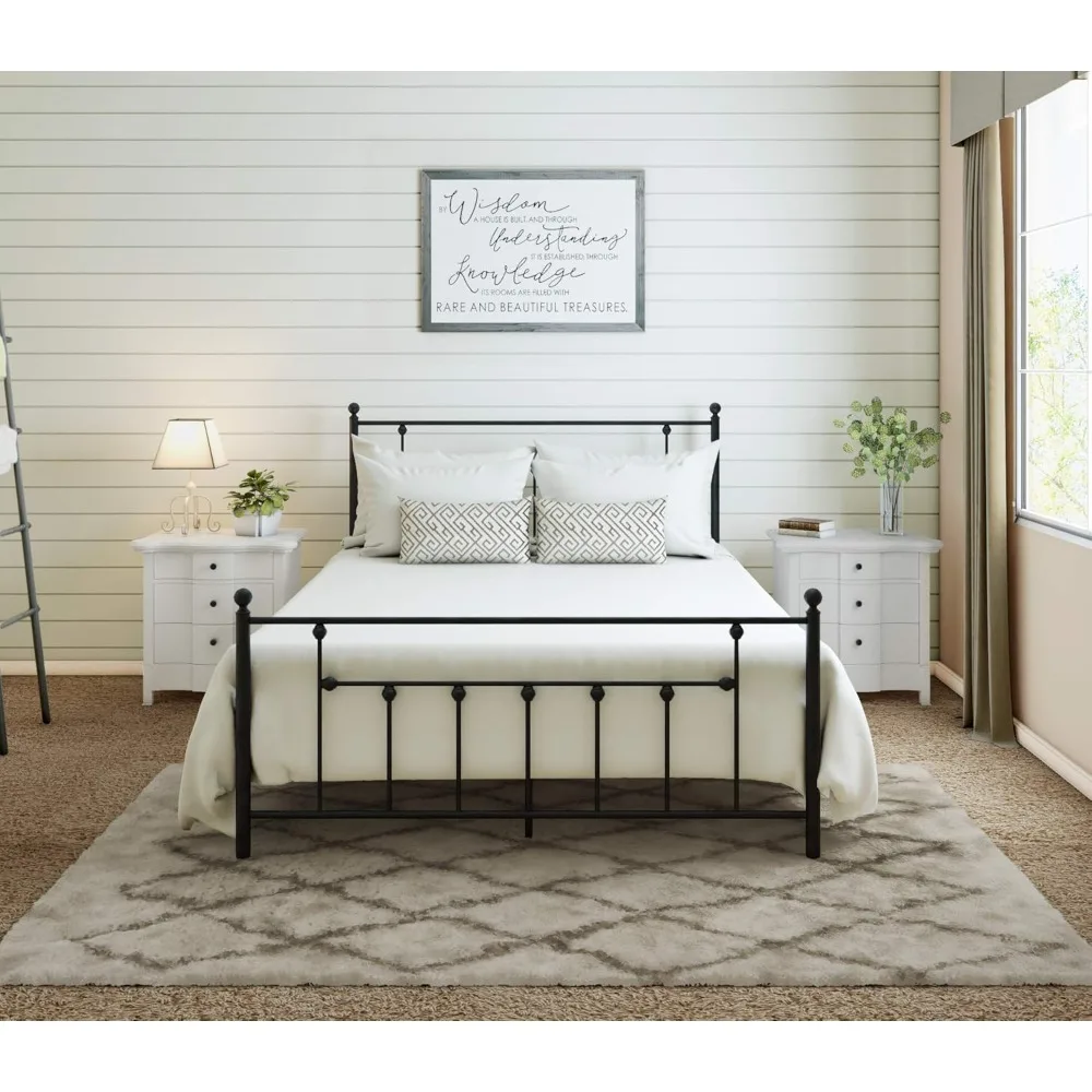 

Queen Size Black Iron Bed Frame with Headboard Footboard Wrought Rod Art Heavy Duty Steel Metal Platform Foundation