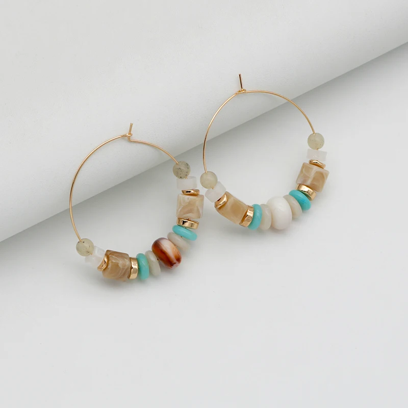 Bohemia Hoop Earrings For Women Multi Colors Green Brown Resin Acrylic Beads Big Copper Circle Studs Fashion Jewelry Girl C1063