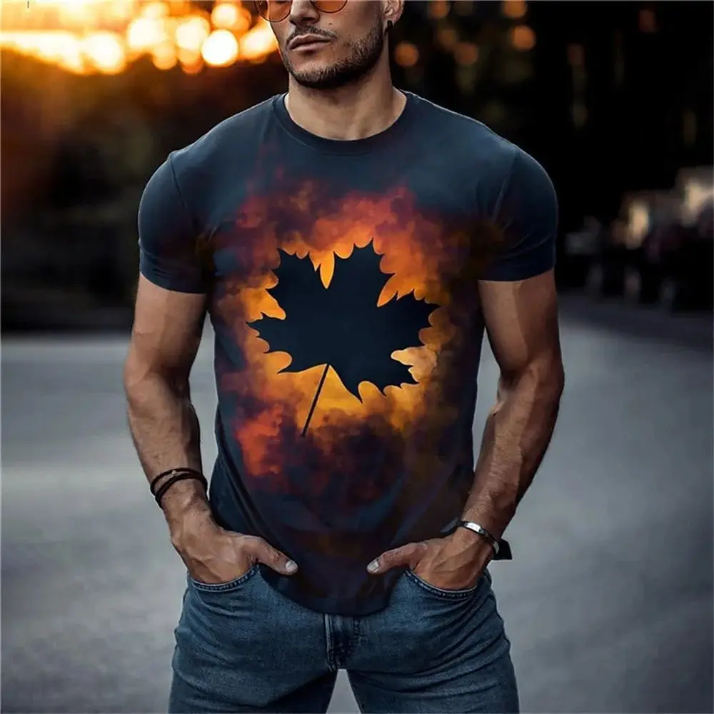 

New Summer Men Simple Everyday Casual Leaf Patterns Wear A Stylish 3d Printed Top Street Plus Size O Neck Short-Sleeved T-Shirt