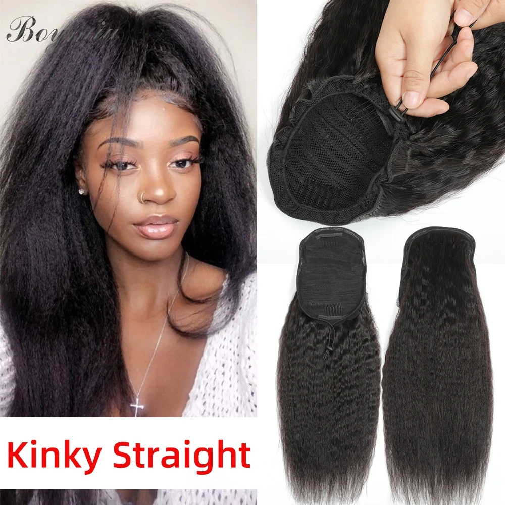 

Boymia Kinky Straight Drawstring Ponytail Human Hair Extensions 10"-26" Natural Hair Pony Tail Hairpiece 100g For Black Women