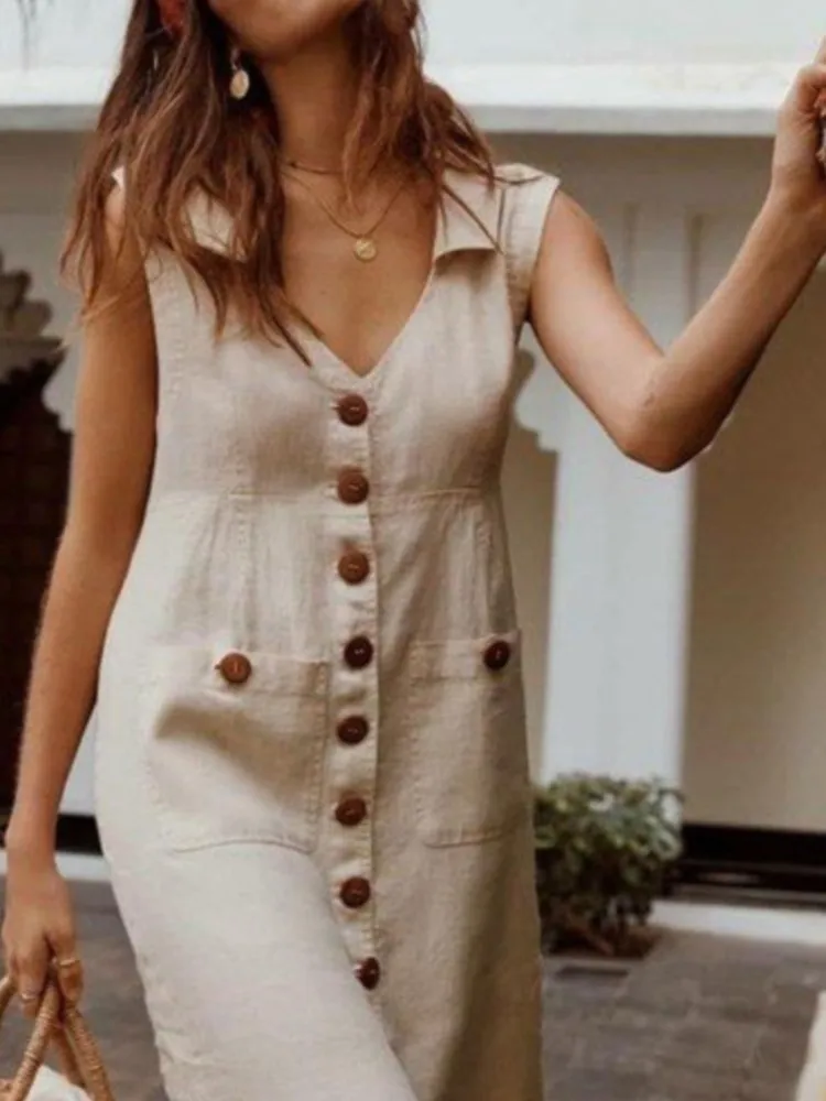 

Summer Fashion Black Midi Dress Women Solid V-Neck Sleeveless Button Robe Office Lady Casual Dresses Female Loose Beach Sundress