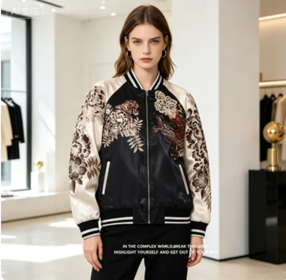 

Men's Sukajan Tiger Dragon Embroidered Bomber Jacket, Japanese Reversible Satin Baseball Jacket