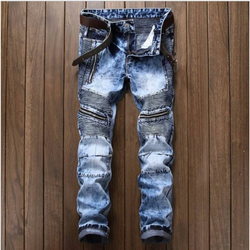 

Autumn New Men'S Jeans Slim Straight Pleated Zipper Motorcycle Snowflake Jeans