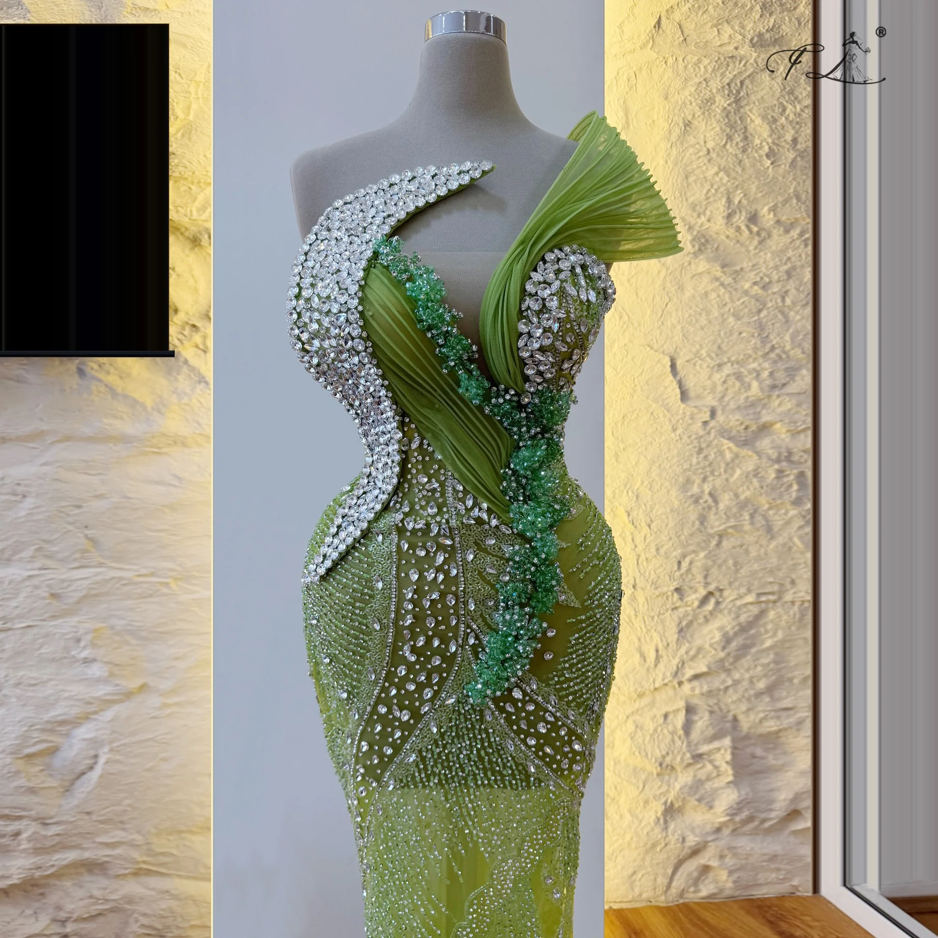 Funkelndes Kristall-Meerjungfrauenkleid, grasgrün, Perlen, Rüschen, Abendkleid, Partykleid, formelles Anlasskleid, anpassbar