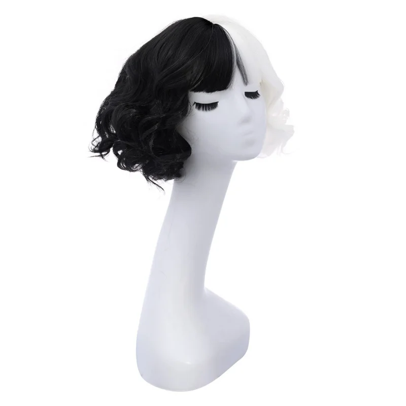 Movie Black and White Witch Cruella Black and white combination cos Role Play Black and White Curly Anime Wig