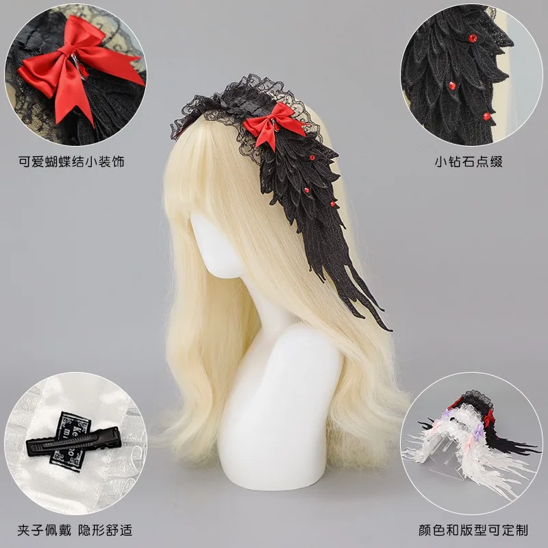 Nouveau style gothique nœud papillon dentelle Lolita accessoires bandeau de cheveux mignon à la main en peluche ailes d'ange bandeau de cheveux japonais Anime chapeaux