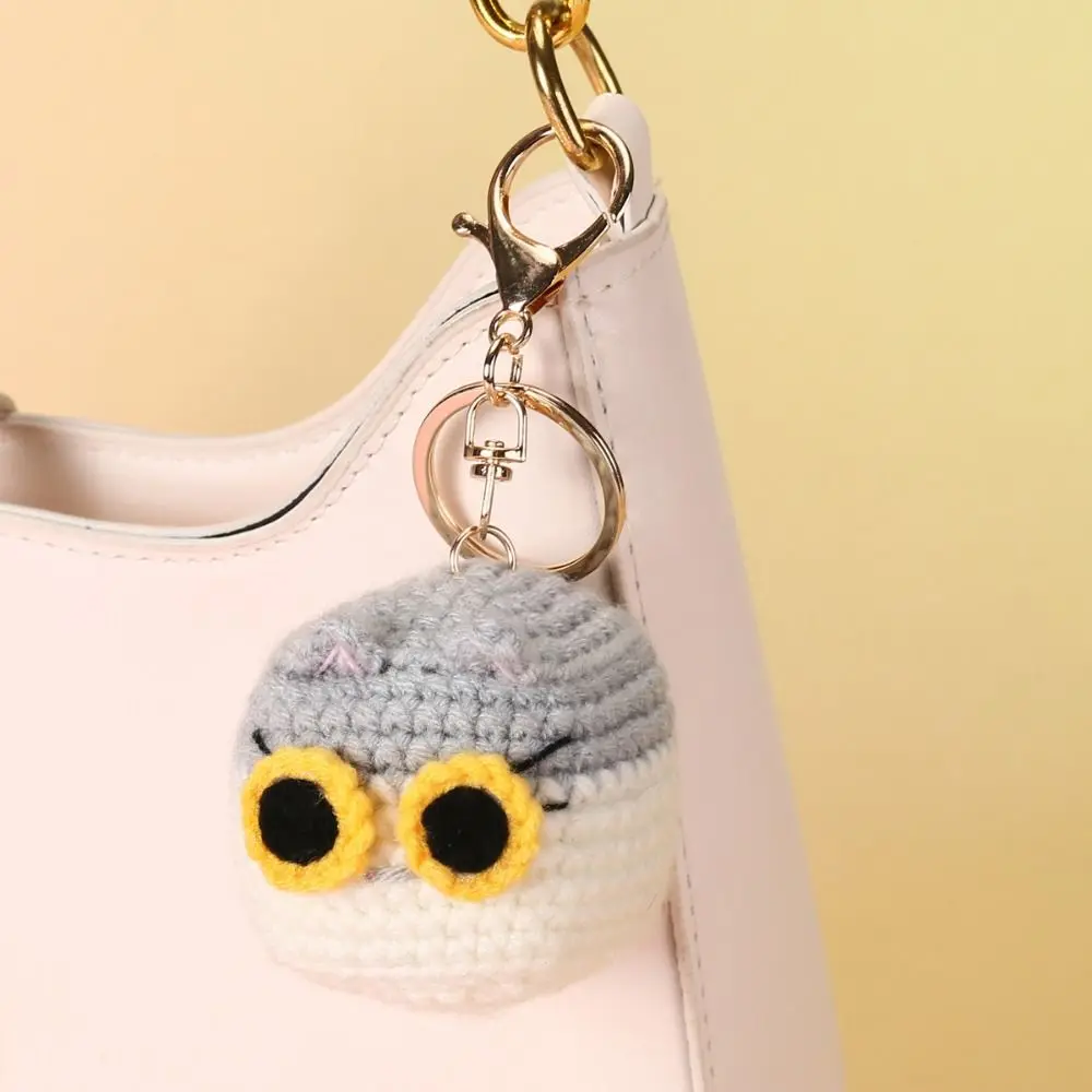Exquisite Bag Charm Handmade Crochet Cat Animal Mini Pendant Cat Head Keychain Woven Animal Keyring Knitted Kitten Car Keys