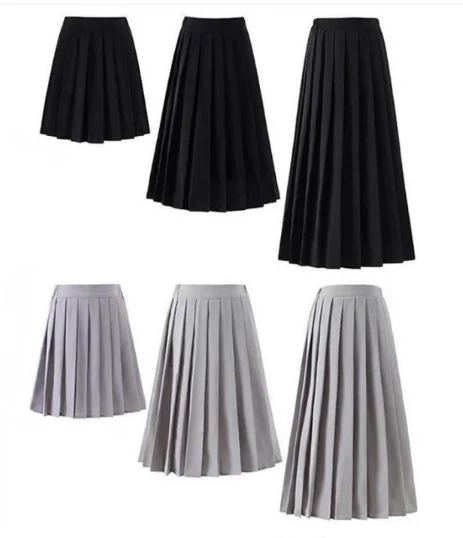 Womens Summer JK Uniform Pleated Short Skirt Mid-length Skirt Academic Style Waist Plus Size Black Student Skirt