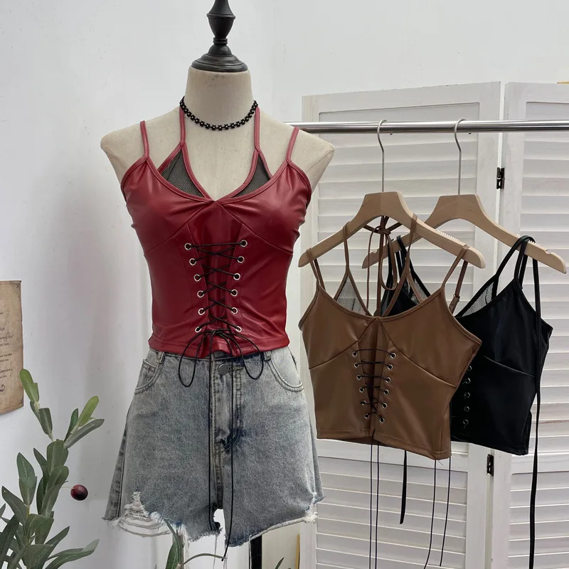 

Punk Pu Leather Splicing Fishing Net Neck Sling Vest Spice Girl Slim Cro Top Women
