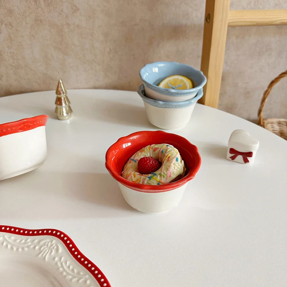 French Style Relief Mini Ceramic Bowl Creative Contrast Color Delicate Porcelain Food Container Pudding Dessert Bowls