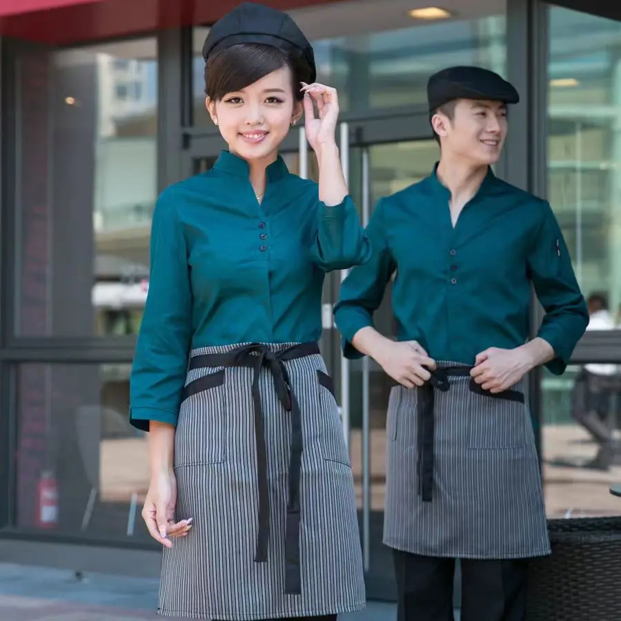 Hotel Work Clothing Autumn/Winter Western Restaurant Waitress Uniform+Apron Set Catering Shop Waiter Shirt Cheap Workwear