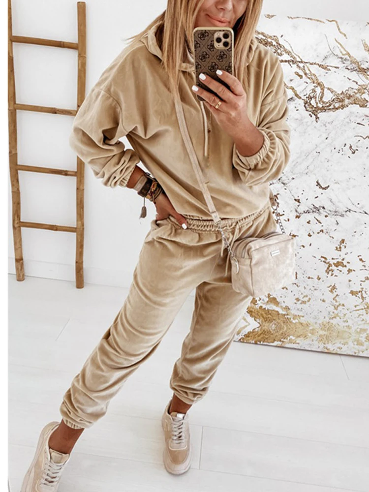 Velour Two Piece Sets Women Tracksuit Velvet Pant Sets Woman  Solid Top and Pants Suit Fashion Streewear Conjuntos De Mujer 2021