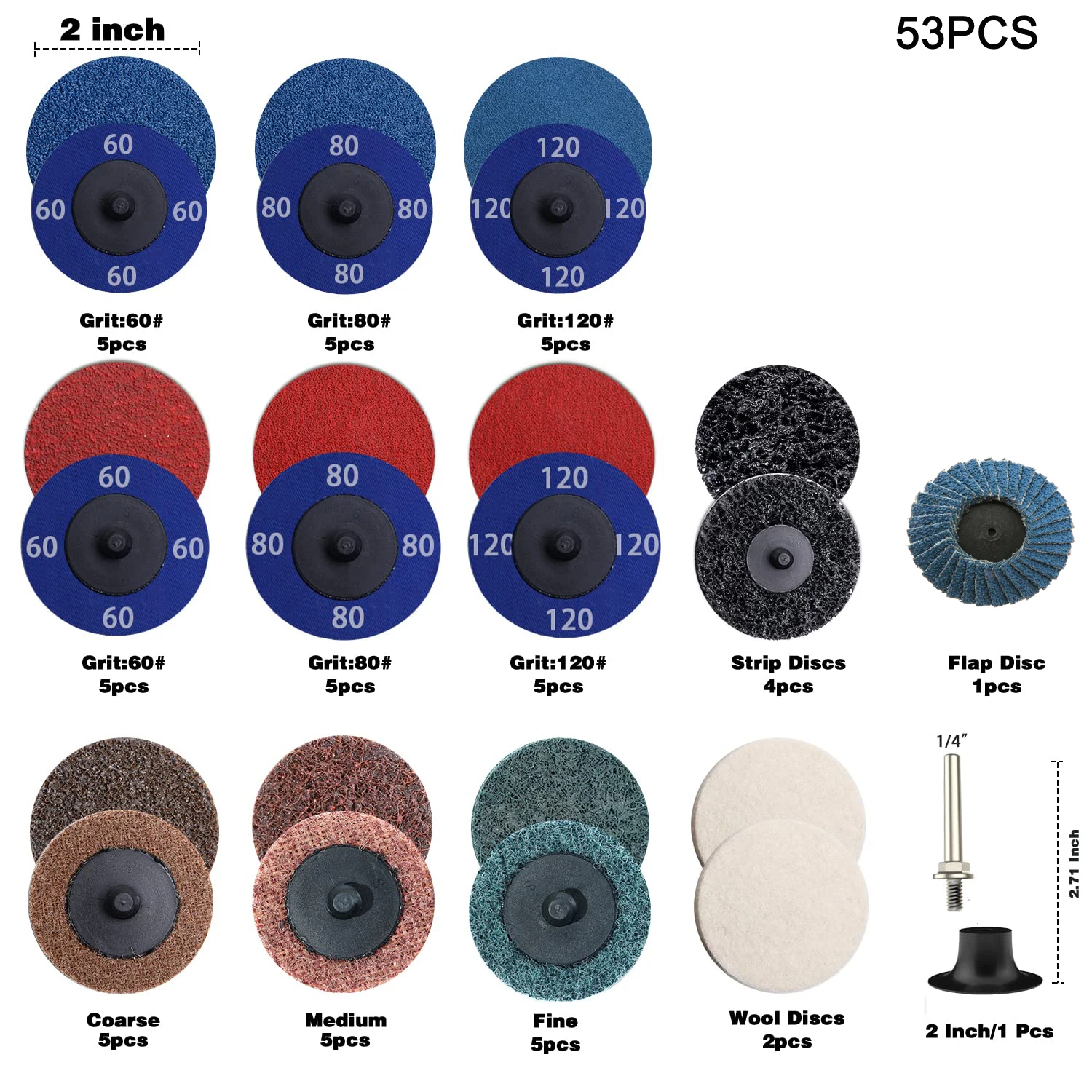 Juego de discos de lijado de 2 pulgadas, soporte de disco de bloqueo de rollo de 1/4 pulgadas, accesorios de amoladora de troqueles para acondicionamiento de superficies, rebabas de pintura de óxido, 53 Piezas
