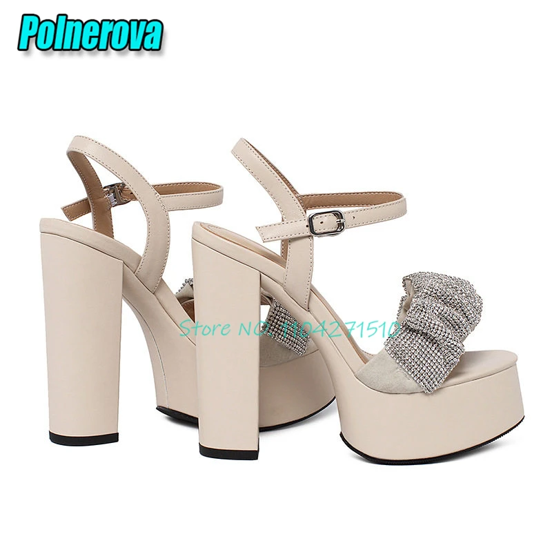 Rhinestone Suede Platform Sandals for Women Fashion Round Toe Ankle Strap Thick High Heels Summer New Banquet Party Dress Shoes