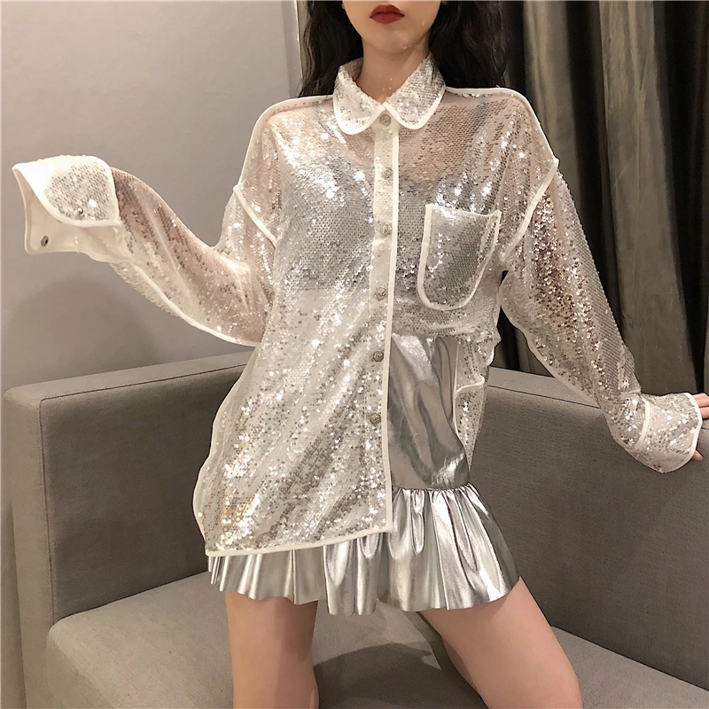 2025 Spring New Girl Blingbling Sequined Shirts Long Sleeve Shirt Trendy Female Solid Color Single Breasted Tops Women's Clothes