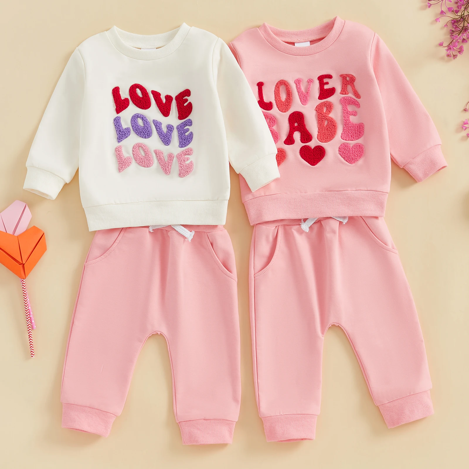 Conjuntos de San Valentín para niñas pequeñas, sudadera de manga larga con bordado de letras y pantalones elásticos, conjunto de ropa bonita para bebés