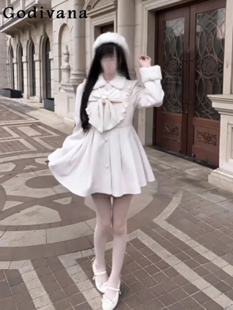 

2025 Original New Japanese Lolita Sweet Girl Warm Woolen Coat Cute Doll Feel Bowknot Dress Coat