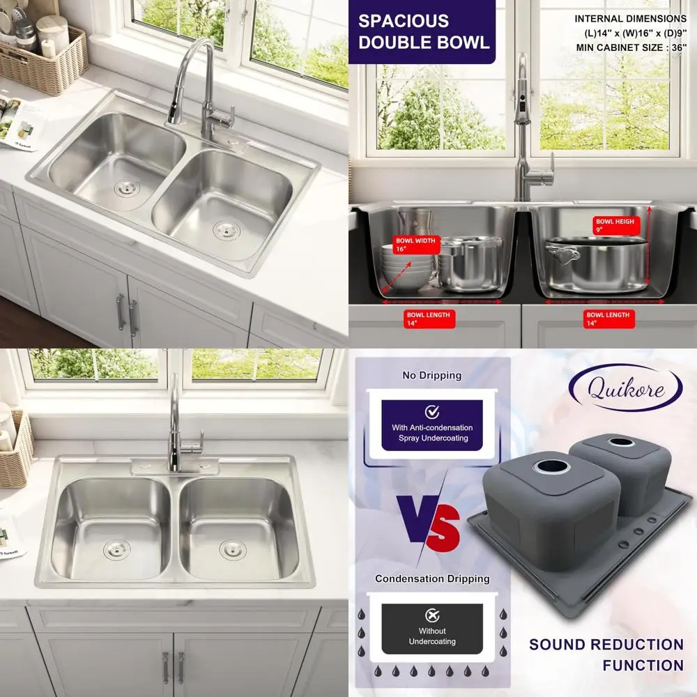 

33 Inch Topmount Double Bowl Stainless Steel Kitchen Sink - 50/50 Split, 18 Gauge, Curved Corners, 304 Grade