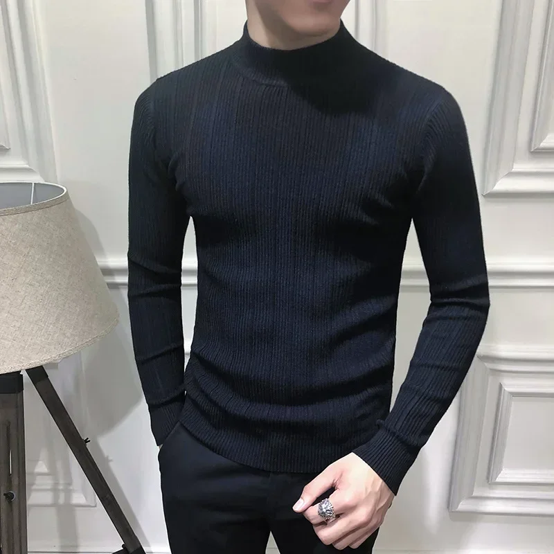 MRMT 2025 Brand New Men's Korean Striped Wild Men's Half High Neck Long Sleeve Sweater Middle Neck Knitted Bottoming Shirt