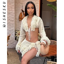 Knitted Tassels 2 Piece Sets Women Hipster Sexy Long Sleeve Lace-Up Cardigan Tops and Mini Skirts Matching Party Clubwear