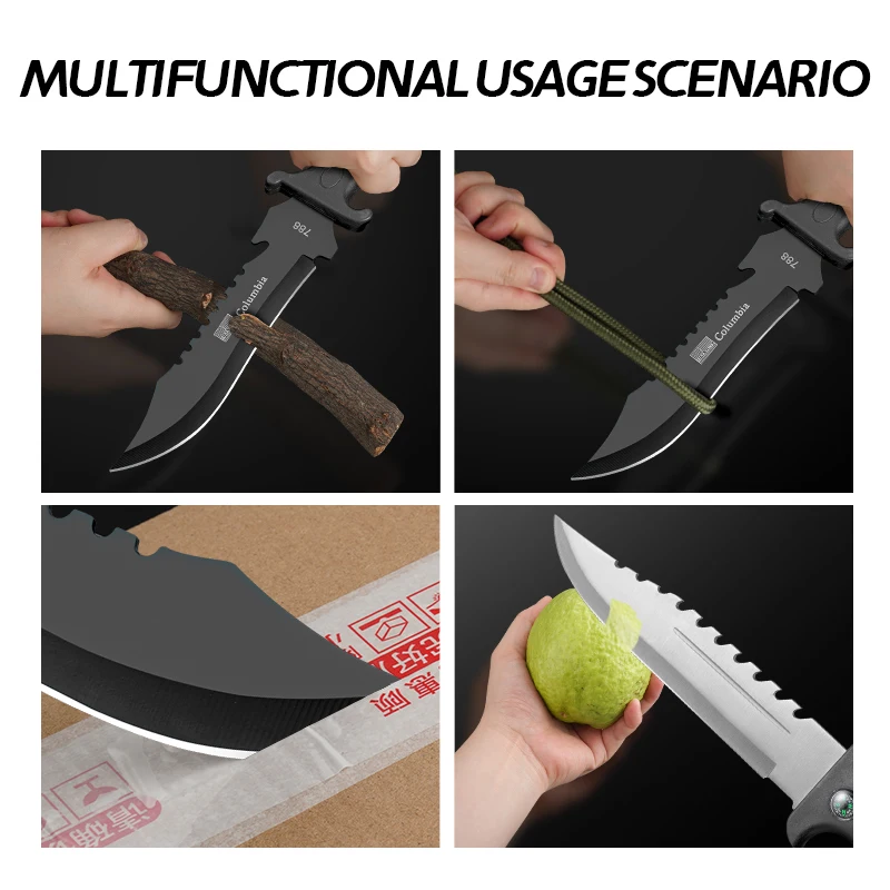 1PC Outdoor Survival Knife with Compass, High Hardness Tactical Knife, Self-Defense Knife, Stainless Steel Cutting Knife