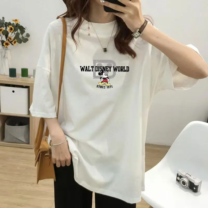 

Новая женская футболка Disney Mickey с короткими рукавами и мультяшным принтом, свободные повседневные летние тонкие топы в корейском стиле, женская одежда