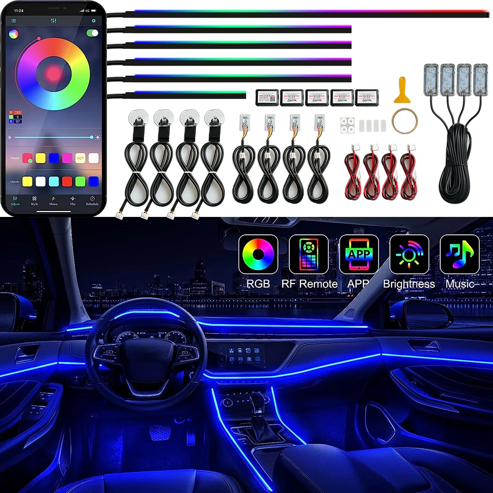 Interior Car LED Strip Lights with Wireless APP and Remote Control RGB Ambient Lighting Kits with Car Accessories APP Control