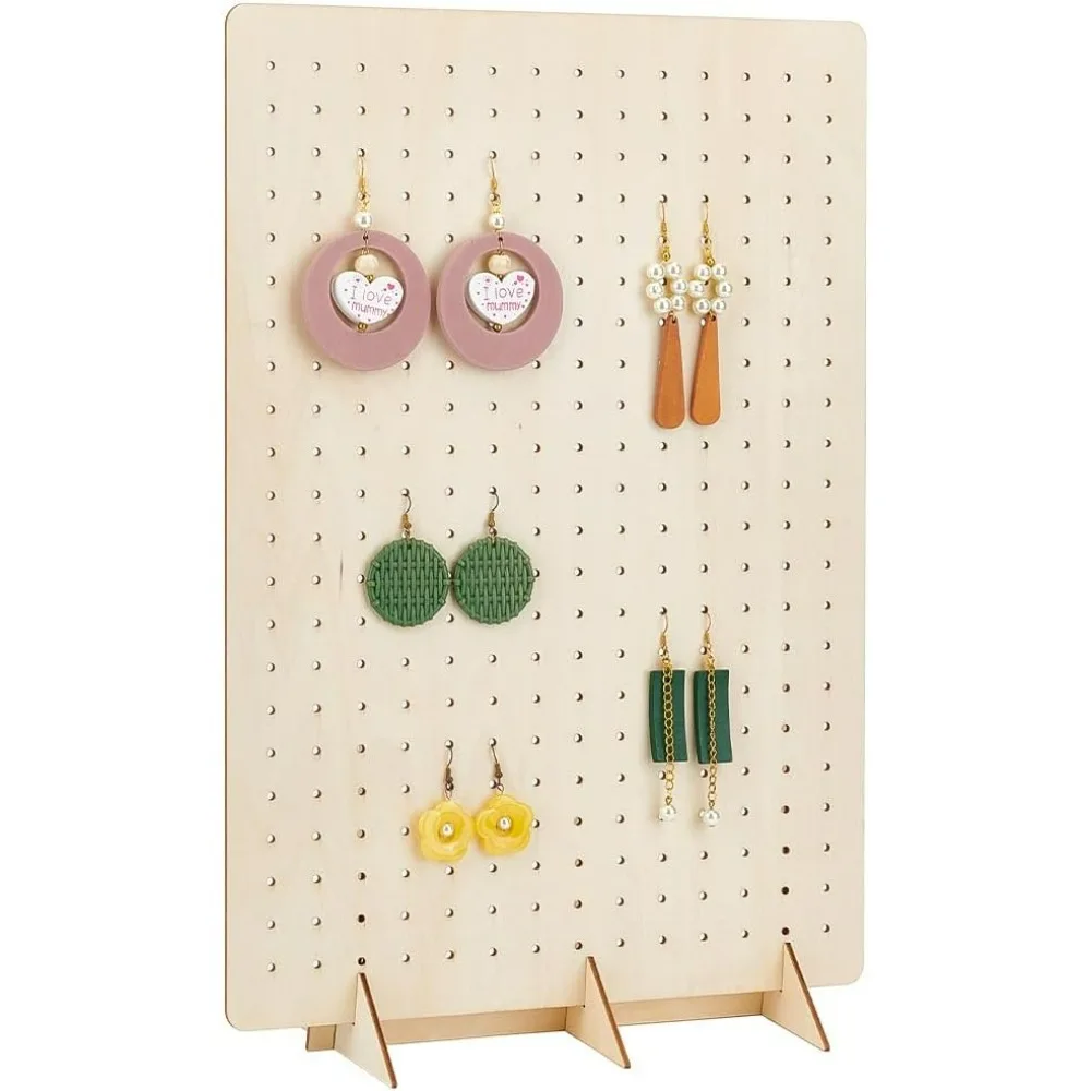 204 Holes Wooden Earring Display Pegboard Jewelry Display Rack Organizer Slant Back Holds 102 Pairs Countertop Storage