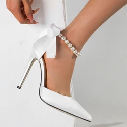 11cm Stiletto Heel White Wedding Shoes Women High Heels Sexy Pointed Toe Ankle Pearl Chain Party Shoes Bow Spring Pumps