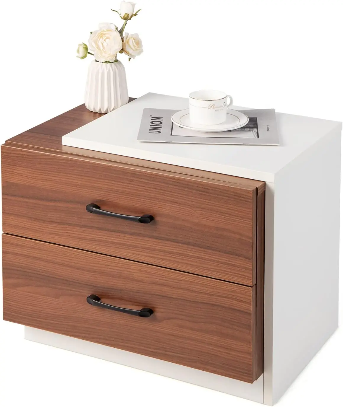 

Modern Nightstand with 2 Drawers, Wooden Bedside Table with Unique Framed Design, Multifunctional End Table for Bedroom