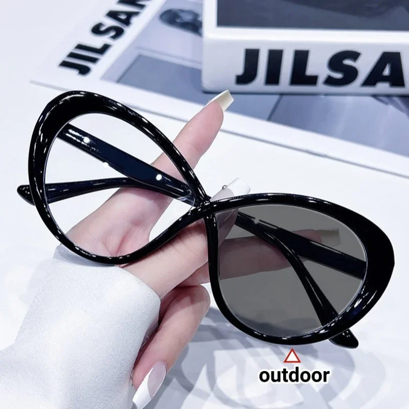 Trendy Curve Design Photochromic Glasses Women Oversized Optical Frame Eye Protection Eyeglasses Office Computer Goggles