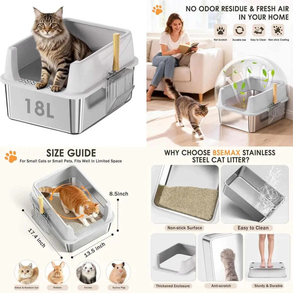 

High-Sided Metal Cat Litter Box with Lid, 17.4 x 13.5 x 8.5, Non-Stick, Anti-Leak, Easy Clean for Small Cats (Light Gray)