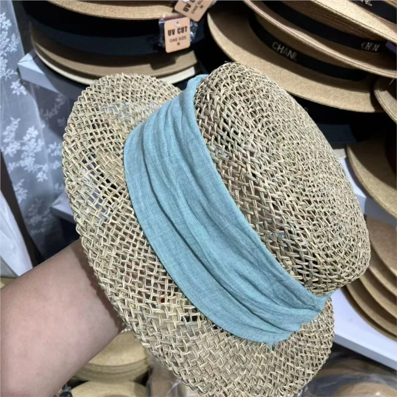 Flat-topped hat women's salt-grass woven summer outing photo and shade top