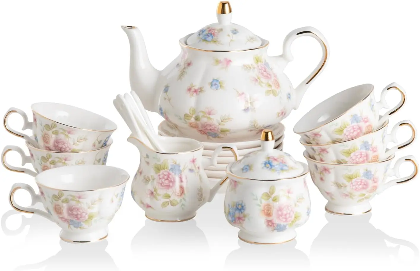 Porcelain Vintage Floral Tea Set, British Relief Gold-Rim Teapot Cup and Saucer Collection, 22-Piece Adult Tea Service with Teapot, Sugar Bowl, Milk Jug, Spoons, Cup and Saucer, Small Flower