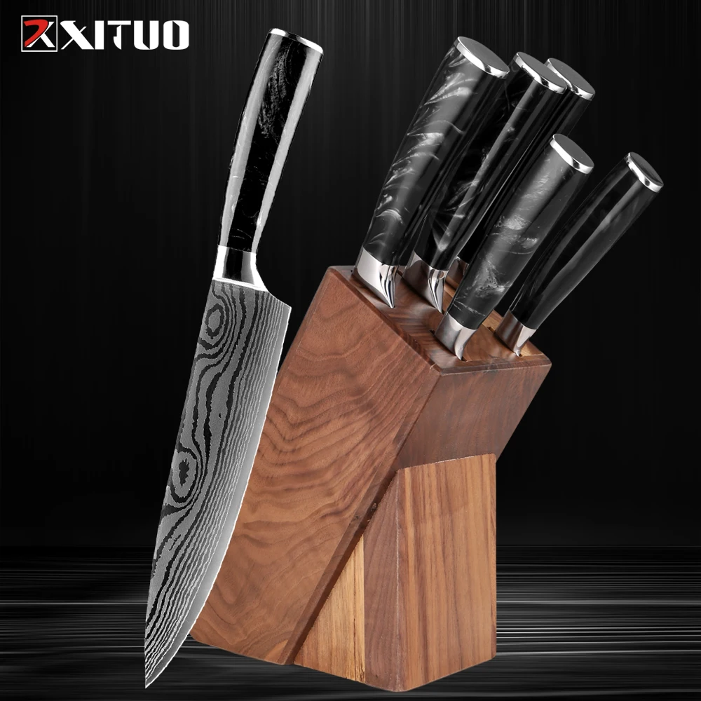 Deluxe Kitchen Knife Set Sharp chef's knife,bread knife,boning knife,fruit knife, solid wood knife holder black Resin Handle