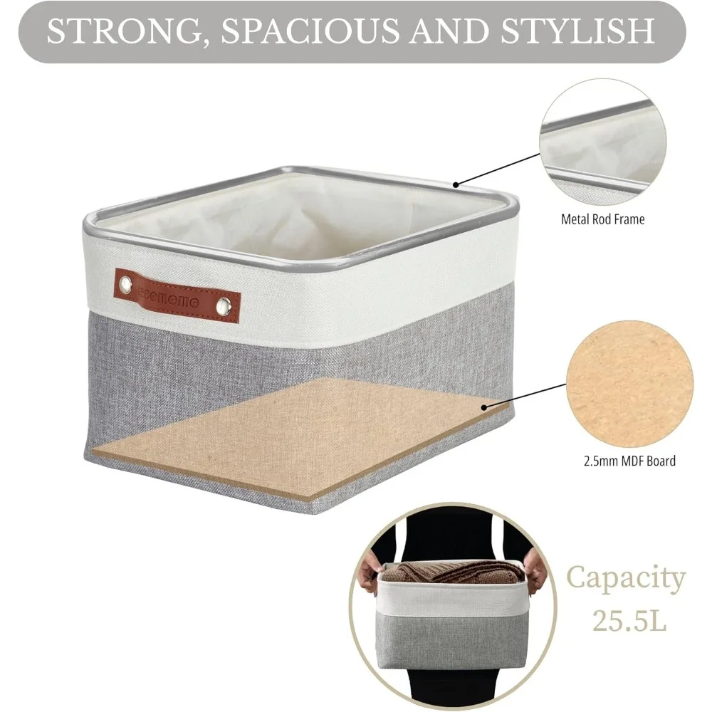 صناديق تخزين سلال تخزين قماشية للأرفف، ألعاب تنظيم خزانة الكتان (رمادي وأبيض، كبير - 3 عبوات)