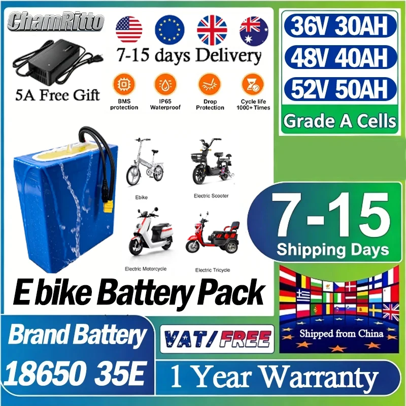 Batería de Iones de Litio para Bicicleta Eléctrica 48V 20Ah 1000W, Batería de Litio para Bicicleta Eléctrica 750W 14Ah 30Ah 40Ah 1500W 35Ah 50Ah 2000W