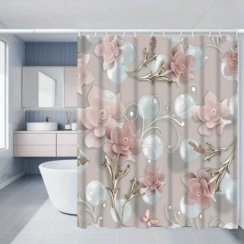 Pink Floral Shower Curtain With Gold Leaves And Pearls Elegant Design Modern Bathroom Decor Romantic Bath Accessory Home Style