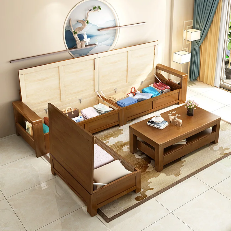 Solid wood sofa combination modern new Chinese living room wooden winter and summer dual-purpose small apartment corner
