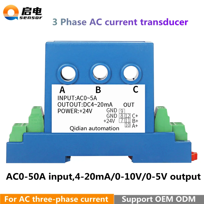 

Three-phase AC Current Transmitter AC0-5A 10A to 4-20mA 0-10V Isolated Output Conversion Module perforated