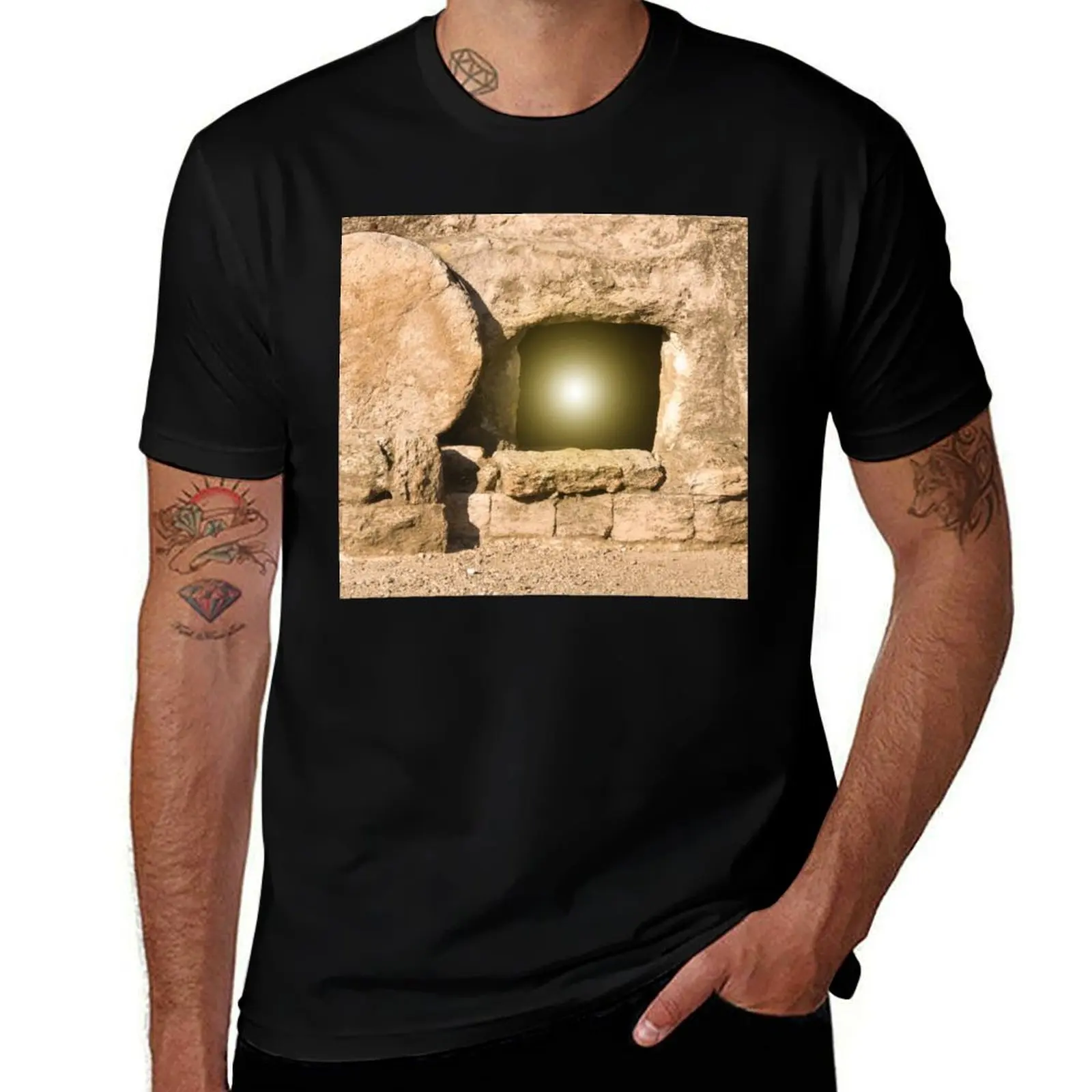 Empty tomb of jesus at sunrise with stone background T-Shirt Soft Touch Basic Cotton T-Shirt