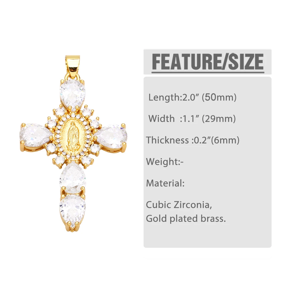 OCESRIO Large Multicolor Crystal Cross Pendant for Necklace Copper Gold Plated Virgin Mary Jewelry Making Component pdtb070