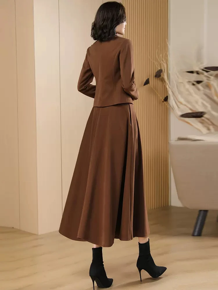 New Women Woolen Blazer Skirt Suits Spring Autumn Elegant Fashion Slim Wool Coat And A-Line Long Skirt Two-pieces Set Female